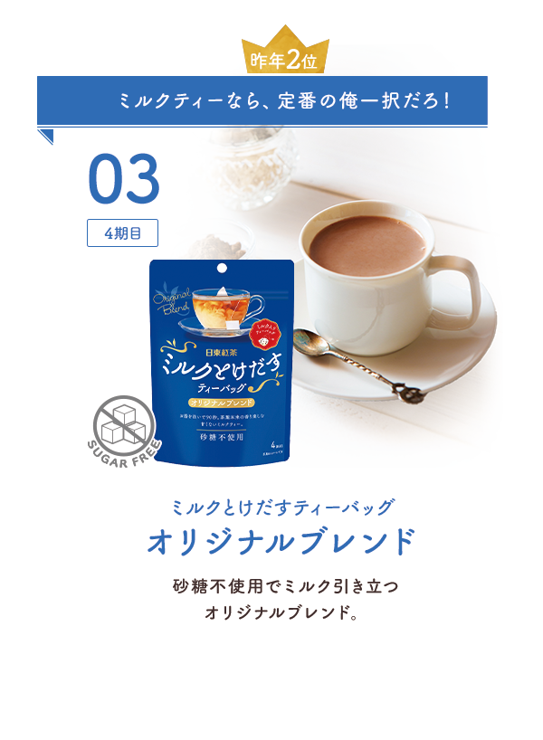 03：4期目 ミルクティーなら、定番の俺一択だろ！ ミルクとけだすティーバッグオリジナル 砂糖不使用でミルク引き立つオリジナルブレンド。