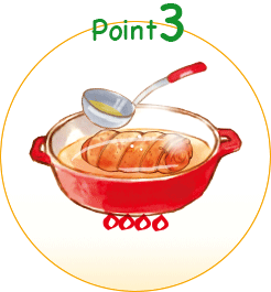 point3 鶏肉を入れ火にかけて沸騰したら弱火にしてアクを取りながら10～15分煮る